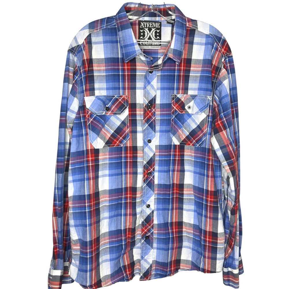 XTREME COUTURE XL Mens‎ Plaid Long Sleeve Button Up Shirt Red Blue White